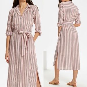 XiRENA Gable‎ Striped Blush Pink Cotton Belted Long Sleeve Midi Shirt Dress